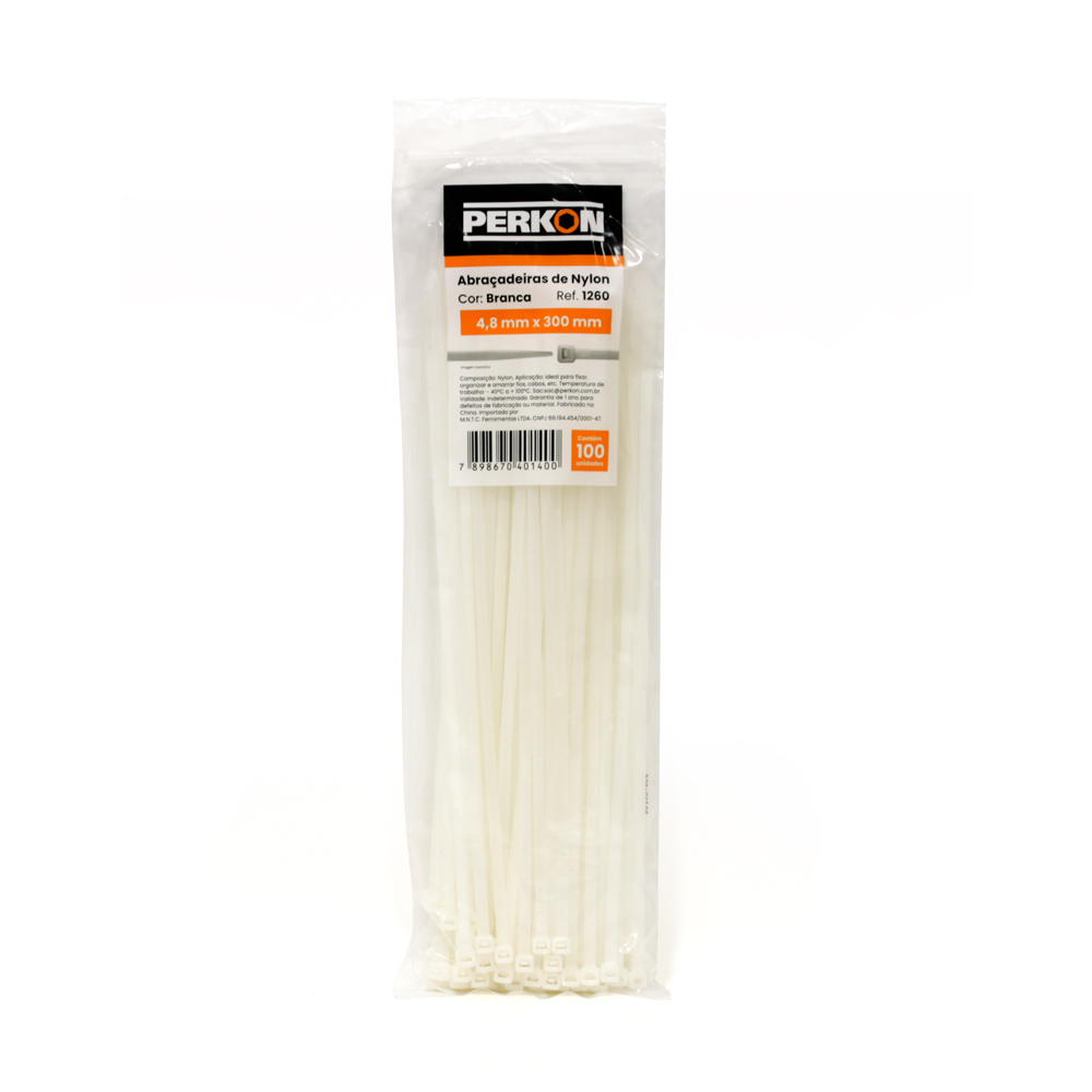 Abracadeira Nylon Perkon Branca 4,8X300 100 Peças