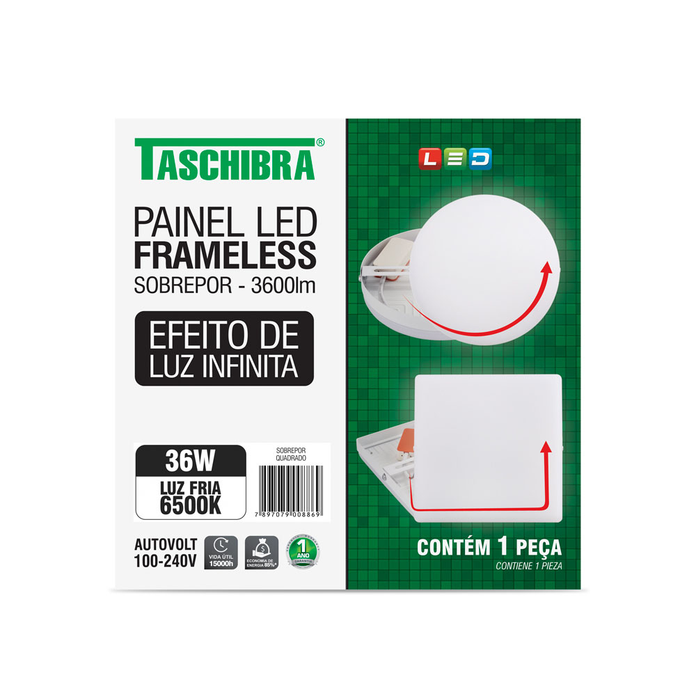 Luminaria LED Plafon Taschibra Frameless Borda Infinita Externo Quadrado 36W 6500K 22,2cm