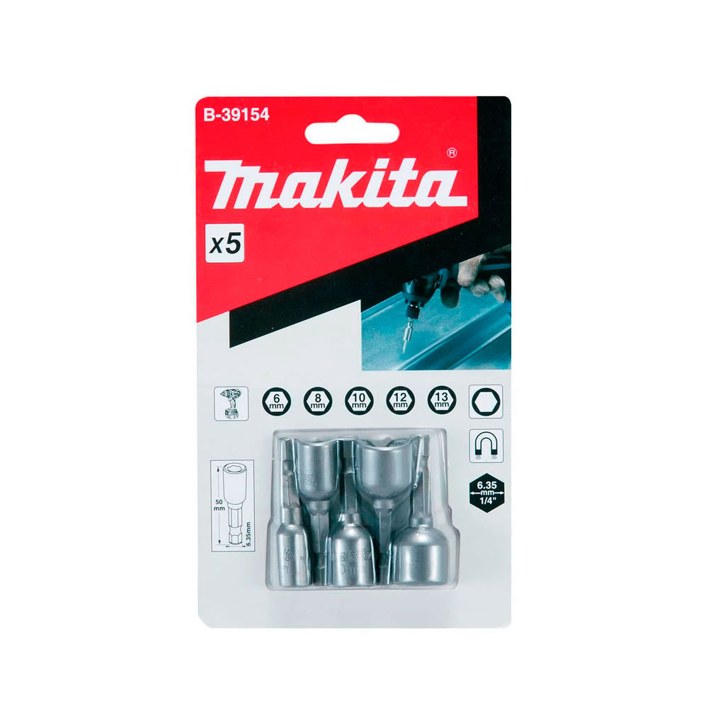 Soquete Magnético Makita Parafuso 6/8/10/12/13mm X 50mm com 5 Peças B-39154